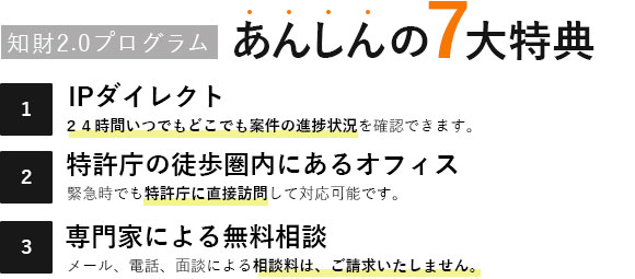 あんしんの７大特典｜IPダイレクト、特許庁徒歩圏内、専門家による無料相談